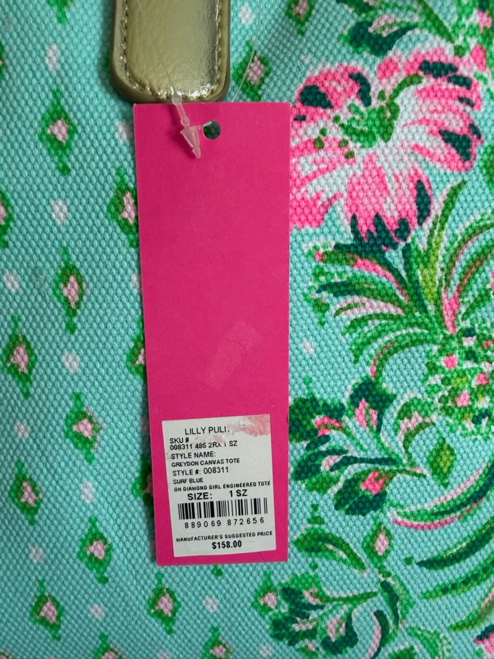 NWT Lilly Pulitzer Greydon canvas tote Oh diamond girl green pink bamboo - Picture 2 of 11